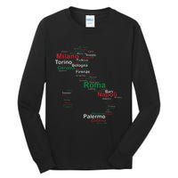 Italy Map Silhouette Flag Towns Cities Rome Travel Europe Tall Long Sleeve T-Shirt