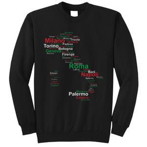 Italy Map Silhouette Flag Towns Cities Rome Travel Europe Tall Sweatshirt