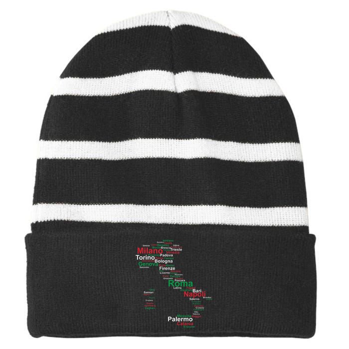 Italy Map Silhouette Flag Towns Cities Rome Travel Europe Striped Beanie with Solid Band