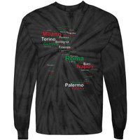 Italy Map Silhouette Flag Towns Cities Rome Travel Europe Tie-Dye Long Sleeve Shirt