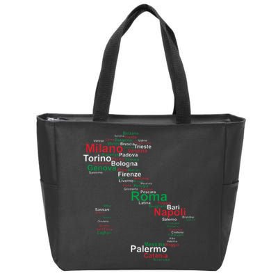 Italy Map Silhouette Flag Towns Cities Rome Travel Europe Zip Tote Bag