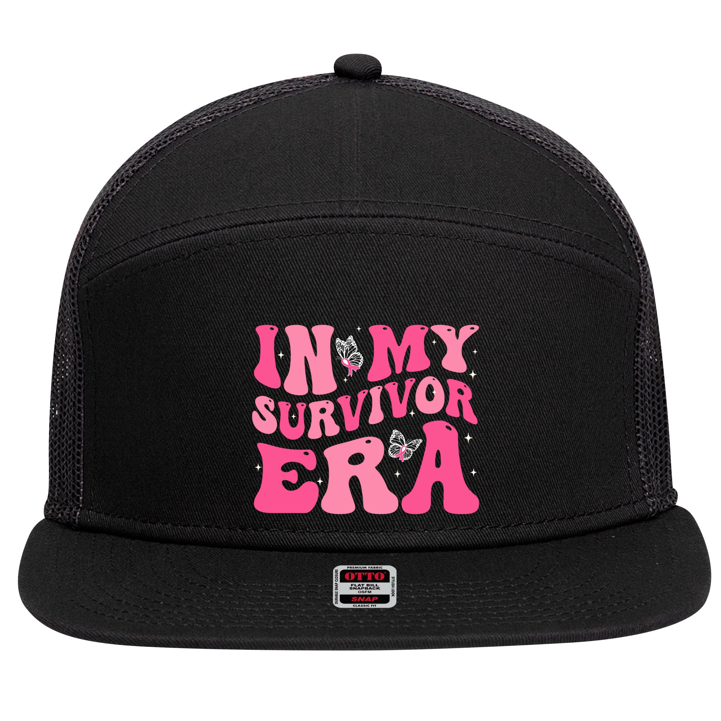 In My Survivor Era Groovy Retro Pink Breast Cancer Awareness Gift 7 Panel Mesh Trucker Snapback Hat