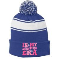 In My Survivor Era Groovy Retro Pink Breast Cancer Awareness Gift Stripe Pom Pom Beanie