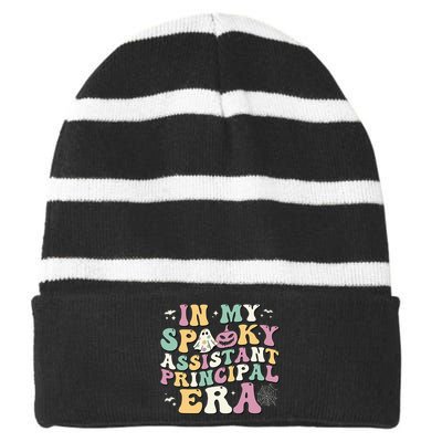 In My Spooky Assistant Principal Era Retro Ghost Halloween Striped Beanie with Solid Band