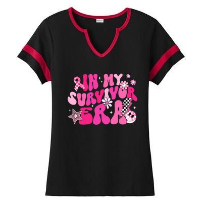 In My Survivor Era Pink Groovy Retro Breast Cancer Awareness Gift Ladies Halftime Notch Neck Tee