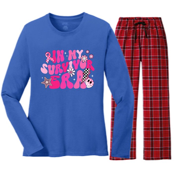 In My Survivor Era Pink Groovy Retro Breast Cancer Awareness Gift Women's Long Sleeve Flannel Pajama Set 