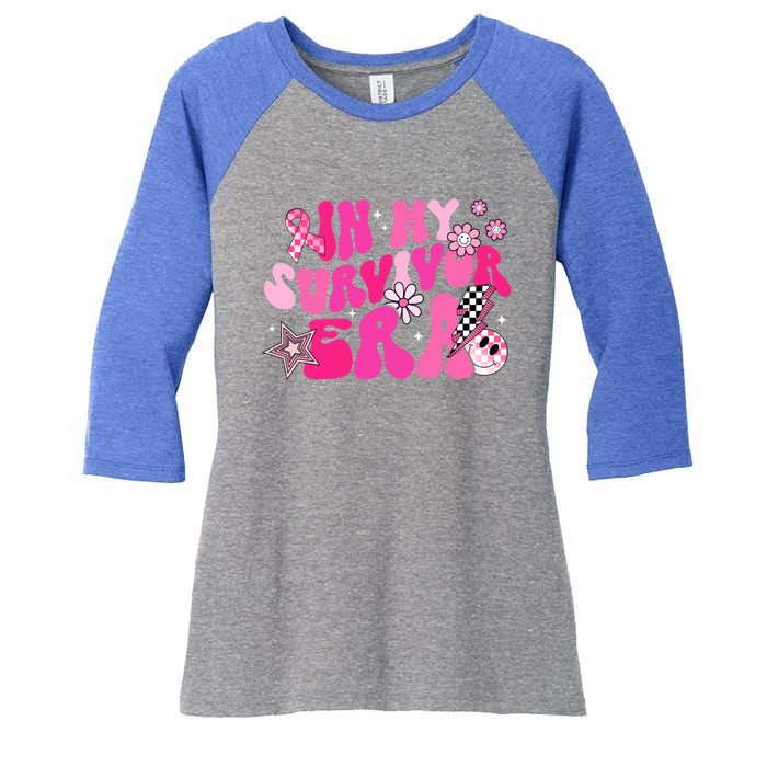 In My Survivor Era Pink Groovy Retro Breast Cancer Awareness Gift Women's Tri-Blend 3/4-Sleeve Raglan Shirt