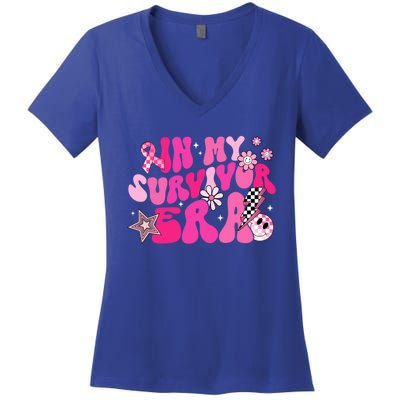 In My Survivor Era Pink Groovy Retro Breast Cancer Awareness Gift Women's V-Neck T-Shirt