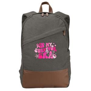 In My Survivor Era Pink Groovy Retro Breast Cancer Awareness Gift Cotton Canvas Backpack