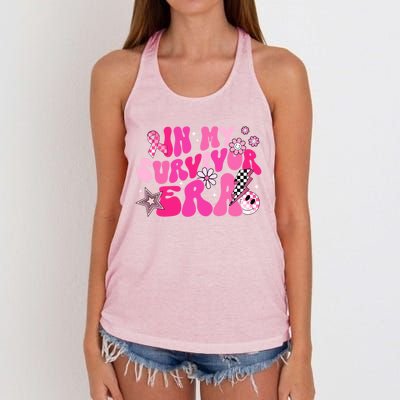 In My Survivor Era Pink Groovy Retro Breast Cancer Awareness Gift Women's Knotted Racerback Tank