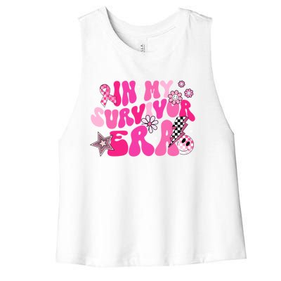 In My Survivor Era Pink Groovy Retro Breast Cancer Awareness Gift Women's Racerback Cropped Tank