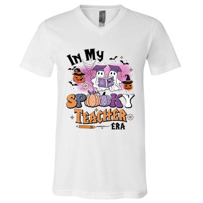 In My Spooky Teacher Era Retro Ghost Halloween Teachers Day V-Neck T-Shirt