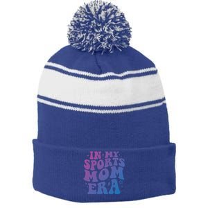 In My Sports Mom Era Groovy Sports Mama Football Basketball Meaningful Gift Stripe Pom Pom Beanie