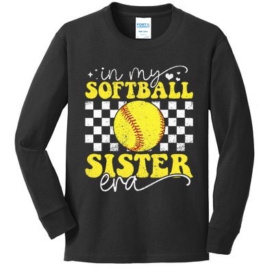 In My Softball Sister Era Groovy Retro Proud Softball Sister Kids Long Sleeve Shirt