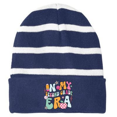 In My Second Grade Era Back To School Retro Groovy 2nd Grade Striped Beanie with Solid Band