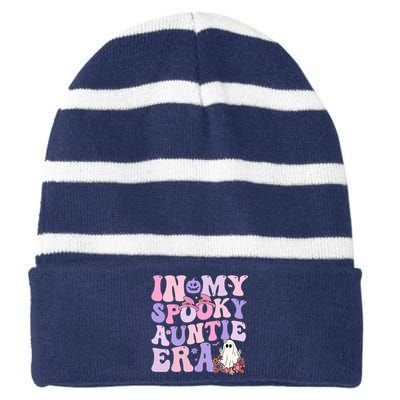 In My Spooky Auntie Era Retro Groovy Halloween Ghost Striped Beanie with Solid Band