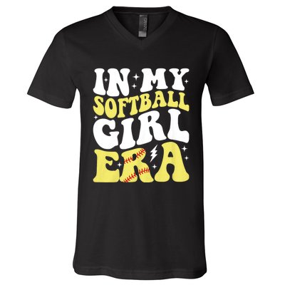 In My Softball Girl Era Retro Groovy Softball Girl V-Neck T-Shirt