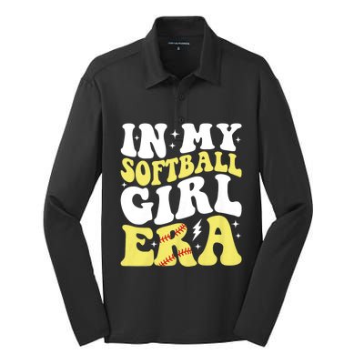 In My Softball Girl Era Retro Groovy Softball Girl Silk Touch Performance Long Sleeve Polo