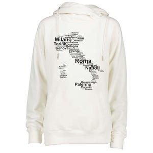 Italy Map Silhouette Towns Cities Rome Milan Travel Europe Womens Funnel Neck Pullover Hood