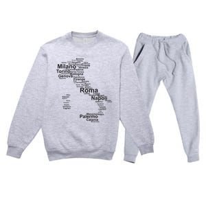 Italy Map Silhouette Towns Cities Rome Milan Travel Europe Premium Crewneck Sweatsuit Set