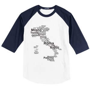 Italy Map Silhouette Towns Cities Rome Milan Travel Europe Baseball Sleeve Shirt