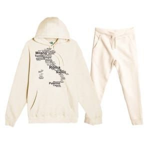 Italy Map Silhouette Towns Cities Rome Milan Travel Europe Premium Hooded Sweatsuit Set