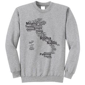 Italy Map Silhouette Towns Cities Rome Milan Travel Europe Tall Sweatshirt