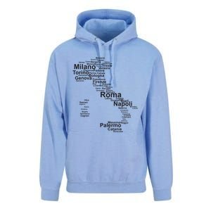 Italy Map Silhouette Towns Cities Rome Milan Travel Europe Unisex Surf Hoodie