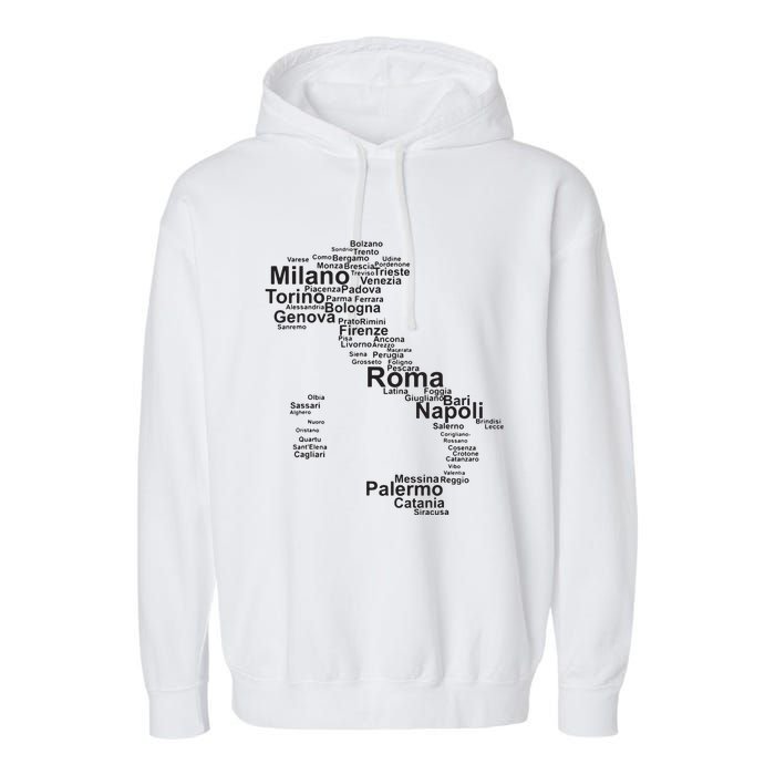 Italy Map Silhouette Towns Cities Rome Milan Travel Europe Garment-Dyed Fleece Hoodie