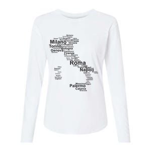 Italy Map Silhouette Towns Cities Rome Milan Travel Europe Womens Cotton Relaxed Long Sleeve T-Shirt