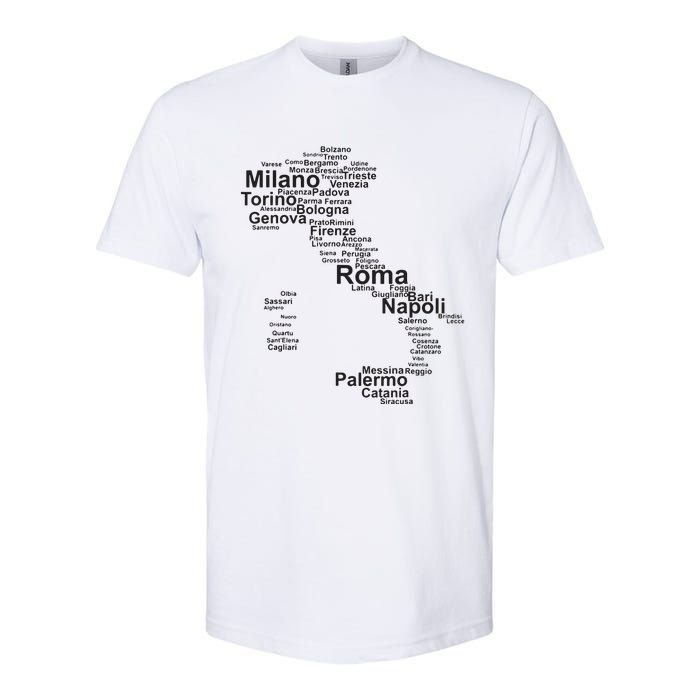 Italy Map Silhouette Towns Cities Rome Milan Travel Europe Softstyle CVC T-Shirt