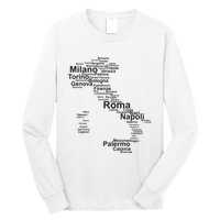 Italy Map Silhouette Towns Cities Rome Milan Travel Europe Long Sleeve Shirt