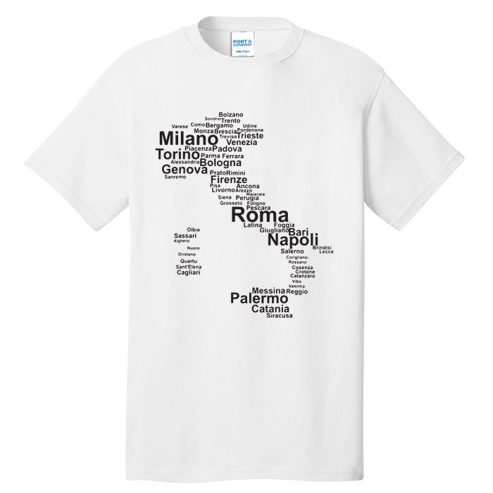 Italy Map Silhouette Towns Cities Rome Milan Travel Europe Tall T-Shirt