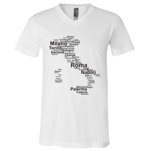 Italy Map Silhouette Towns Cities Rome Milan Travel Europe V-Neck T-Shirt