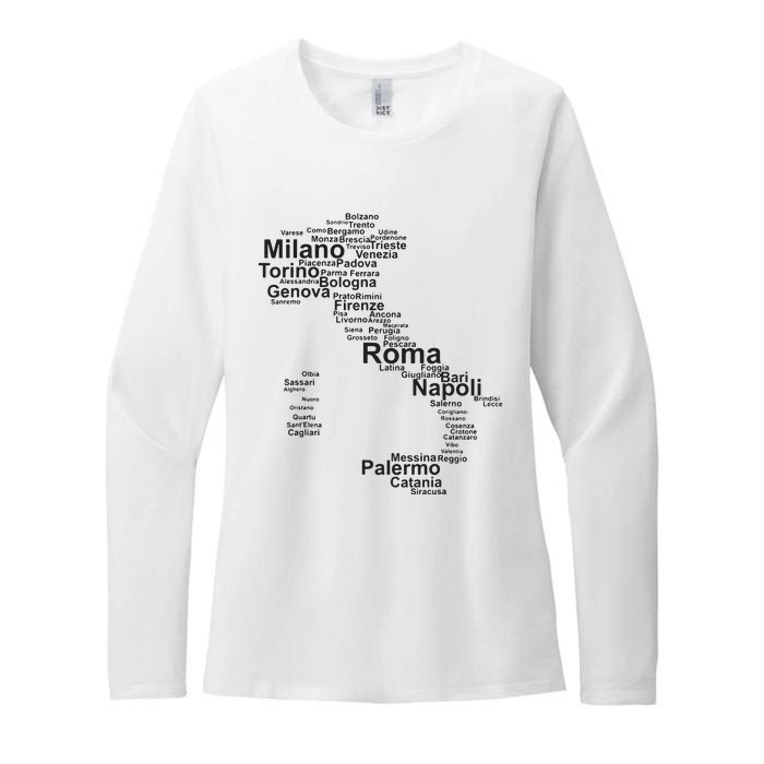 Italy Map Silhouette Towns Cities Rome Milan Travel Europe Womens CVC Long Sleeve Shirt