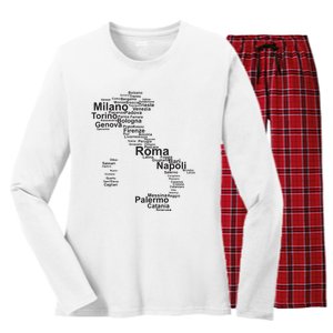 Italy Map Silhouette Towns Cities Rome Milan Travel Europe Women's Long Sleeve Flannel Pajama Set 