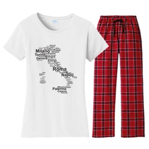 Italy Map Silhouette Towns Cities Rome Milan Travel Europe Women's Flannel Pajama Set