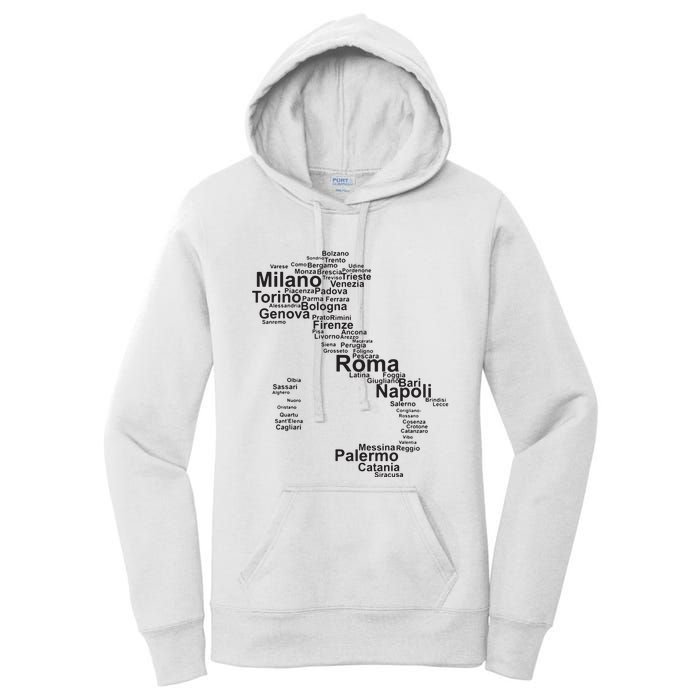 Italy Map Silhouette Towns Cities Rome Milan Travel Europe Women's Pullover Hoodie