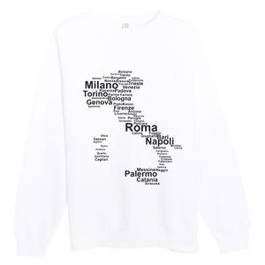 Italy Map Silhouette Towns Cities Rome Milan Travel Europe Premium Crewneck Sweatshirt