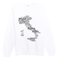 Italy Map Silhouette Towns Cities Rome Milan Travel Europe Premium Crewneck Sweatshirt