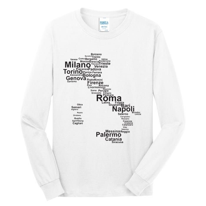 Italy Map Silhouette Towns Cities Rome Milan Travel Europe Tall Long Sleeve T-Shirt