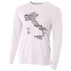 Italy Map Silhouette Towns Cities Rome Milan Travel Europe Cooling Performance Long Sleeve Crew