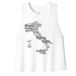 Italy Map Silhouette Towns Cities Rome Milan Travel Europe Women's Racerback Cropped Tank