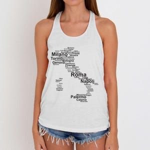 Italy Map Silhouette Towns Cities Rome Milan Travel Europe Women's Knotted Racerback Tank