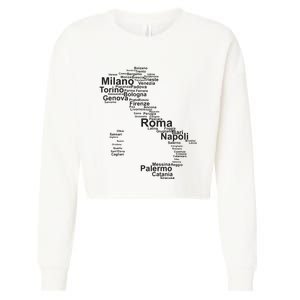 Italy Map Silhouette Towns Cities Rome Milan Travel Europe Cropped Pullover Crew