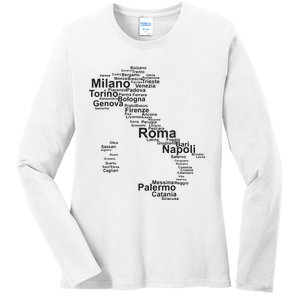 Italy Map Silhouette Towns Cities Rome Milan Travel Europe Ladies Long Sleeve Shirt