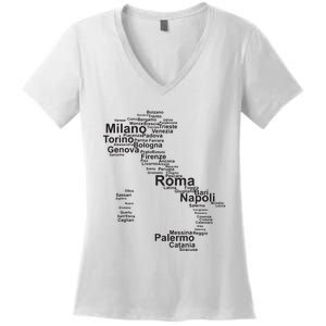 Italy Map Silhouette Towns Cities Rome Milan Travel Europe Women's V-Neck T-Shirt