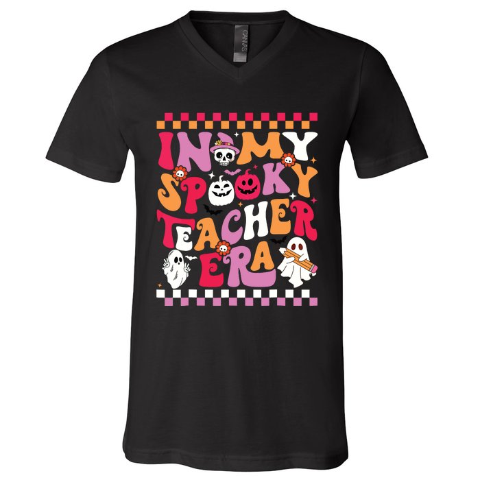 In My Spooky Teacher Era Groovy Ghost Teacher Halloween V-Neck T-Shirt