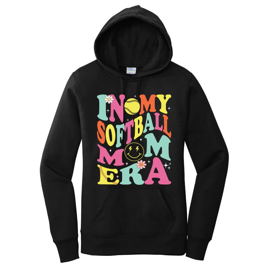 In My Softball Mom Era Retro Groovy Mom Life Game Day Gift Women's Pullover Hoodie