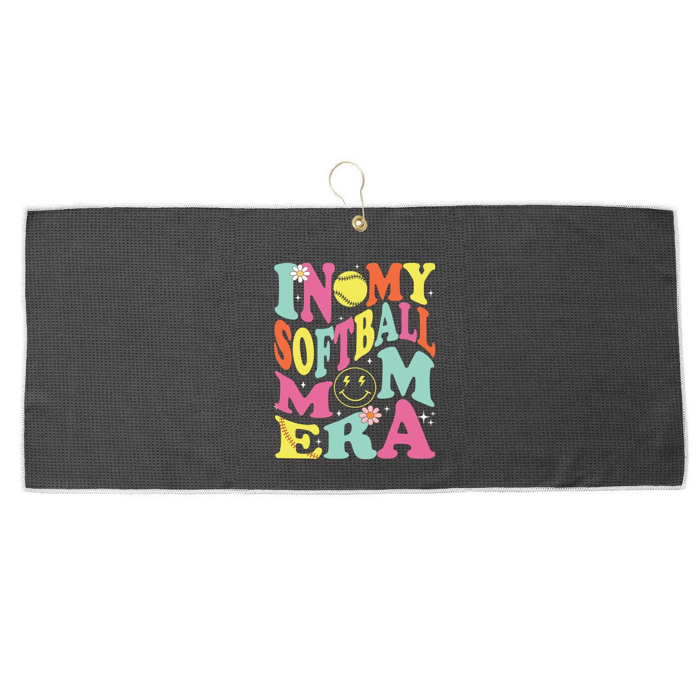 In My Softball Mom Era Retro Groovy Mom Life Game Day Gift Large Microfiber Waffle Golf Towel